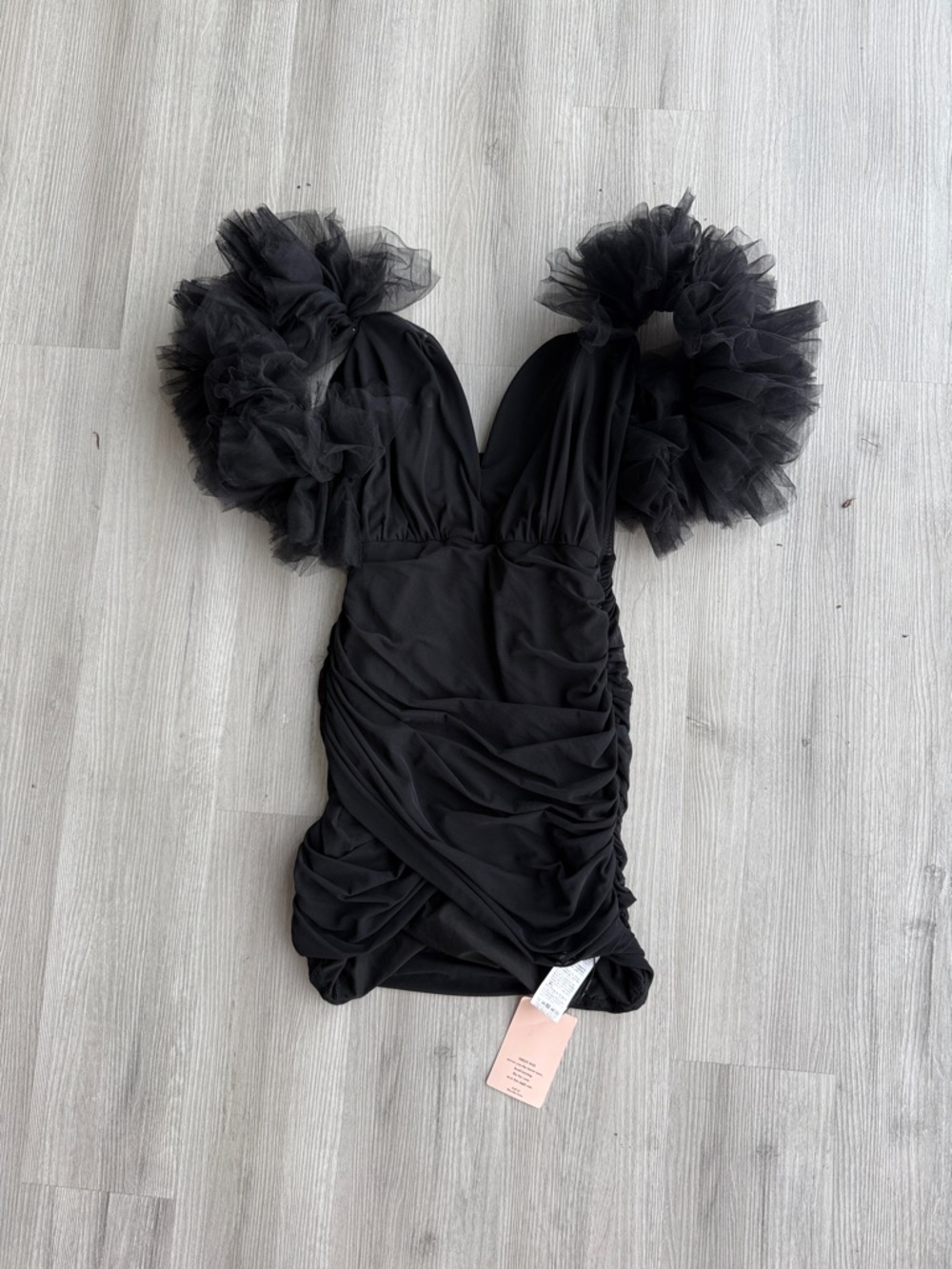 SHEIN Black Ruched Mini Dress with Tulle Sleeves
